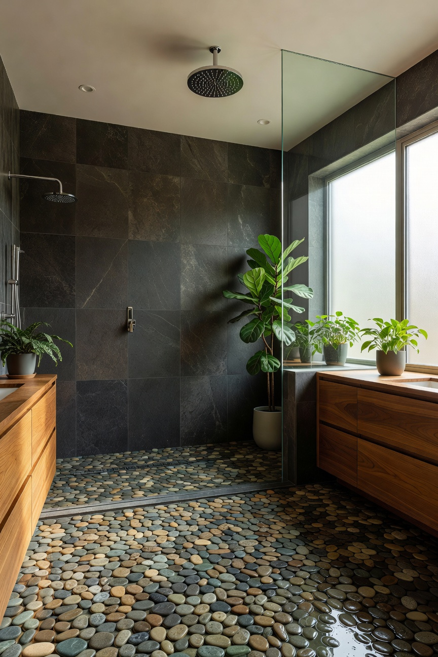 A modern bathroom design featuring a walk-in shower with natural river rock pebble flooring and a large rainfall showerhead.