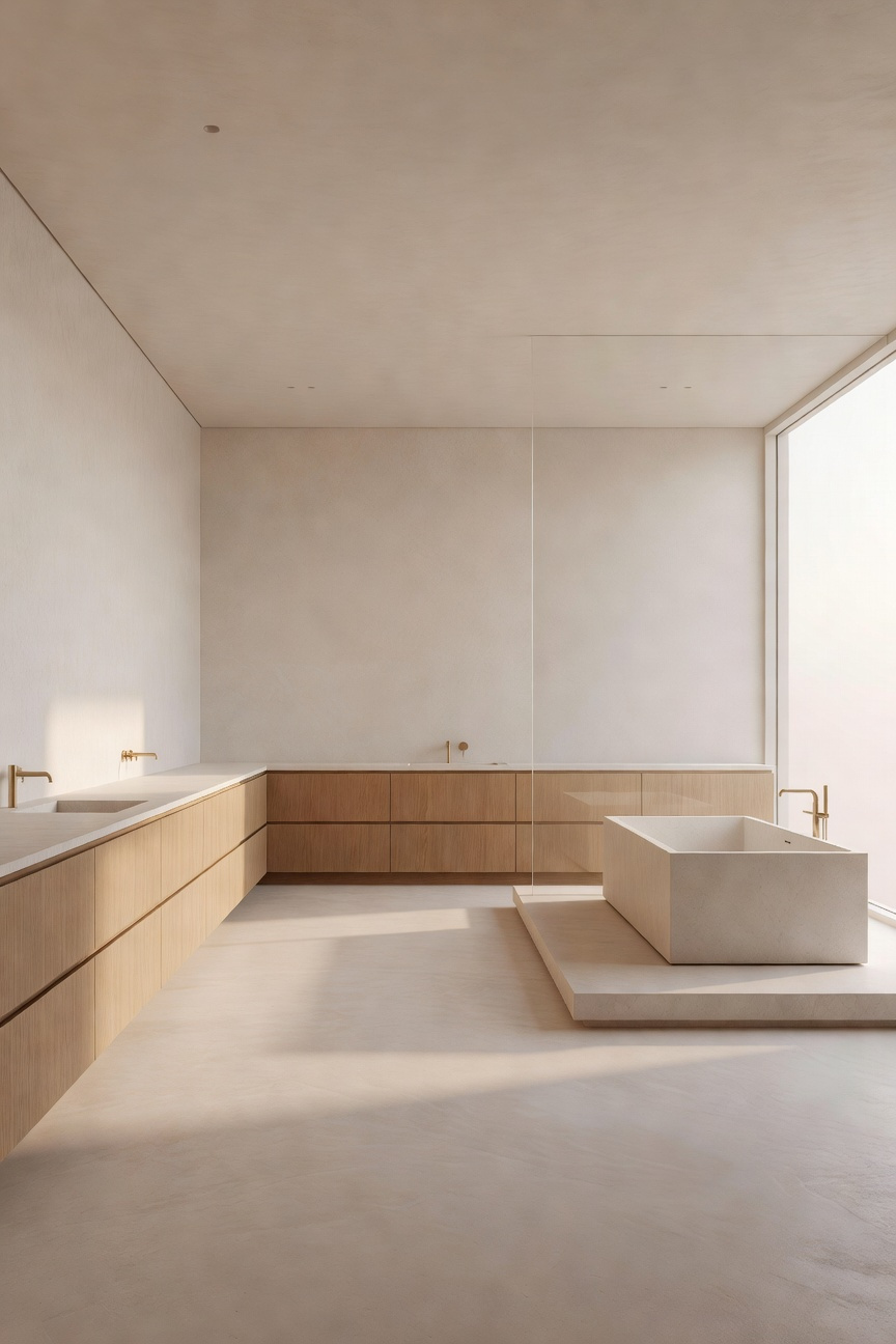 A minimalist luxury bathroom with a stone bathtub, hidden oak storage, and large windows illustrating bathroom renovation ideas for mental clarity.