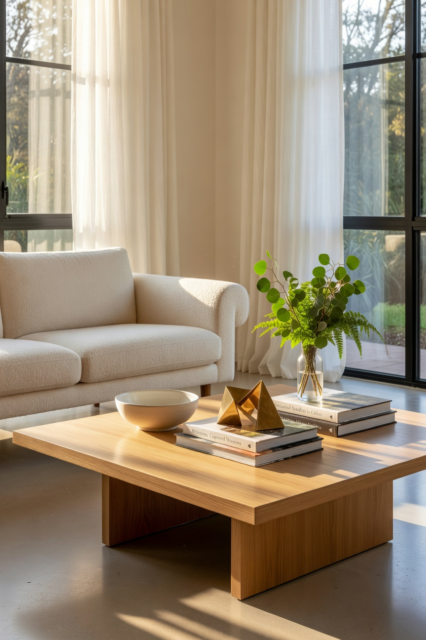 A bright and airy living room featuring an elegantly styled coffee table with books and decorative accents as a centerpiece.