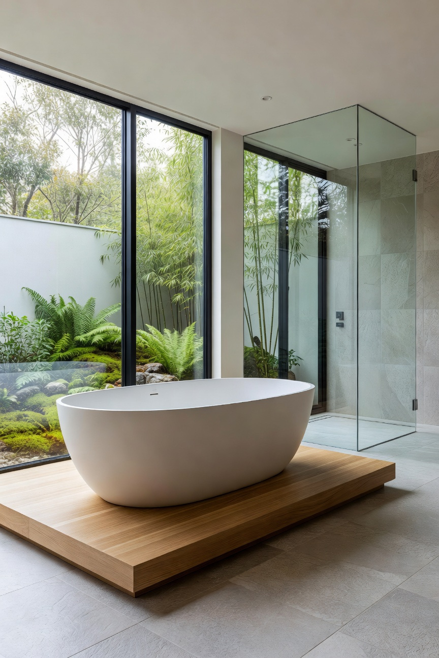 A luxurious modern bathroom featuring a deep white freestanding soaking tub as a focal point surrounded by minimalist wood accents and natural light.