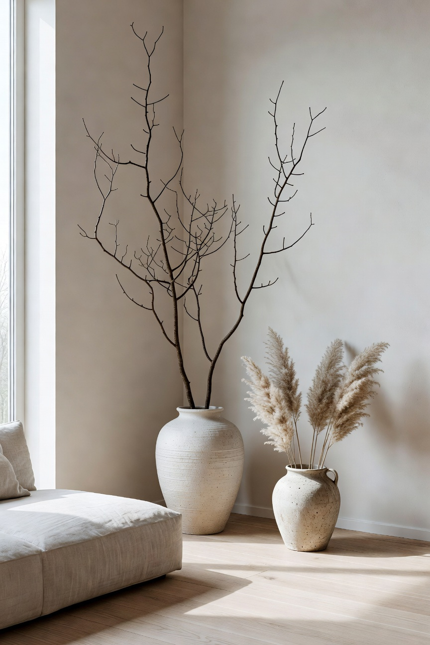 A minimalist Scandinavian living room decorated with tall structural branches and dried grasses in ceramic vases.