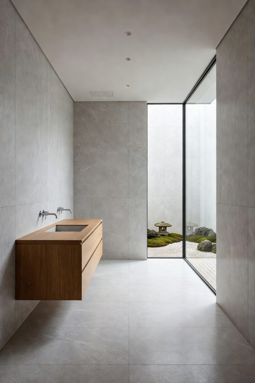 A bright and airy minimalist bathroom with hidden fixtures, stone walls, and natural wood elements reflecting functional minimalism.