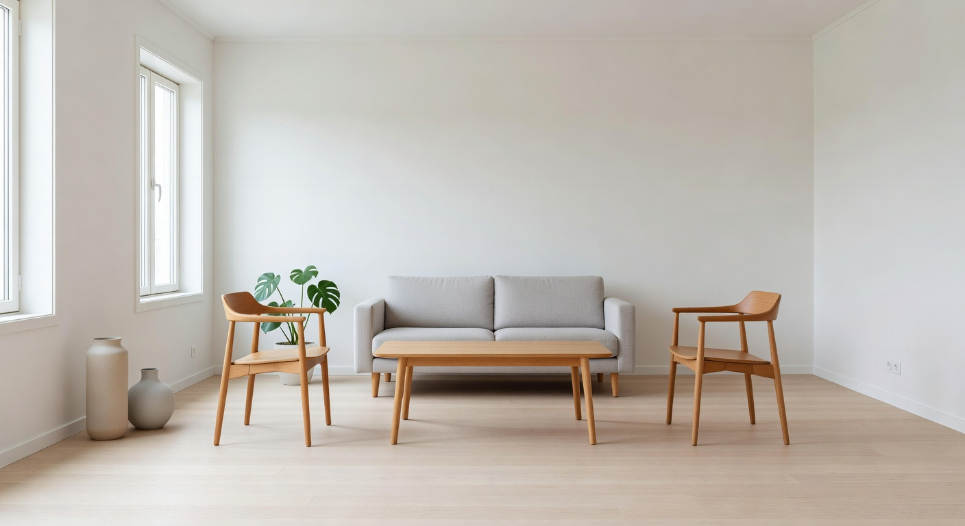 A well-balanced living room featuring Scandinavian furniture and open floor space following the Lagom design principle.