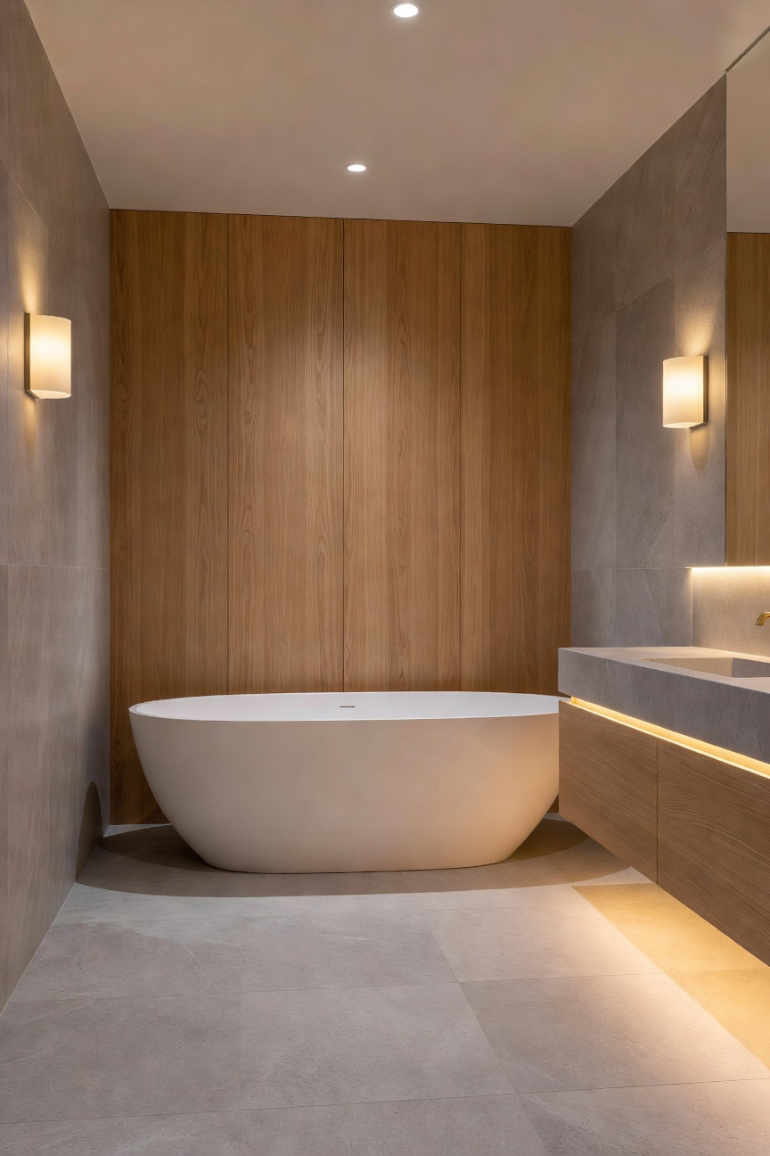 A modern Scandinavian bathroom featuring warm layered ambient lighting and a freestanding tub for a relaxing wellness-focused atmosphere.