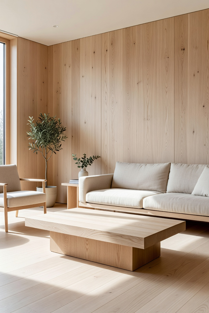 High-end living room interior featuring natural white oak coffee table and ash wood wall accents in a sunlit space.