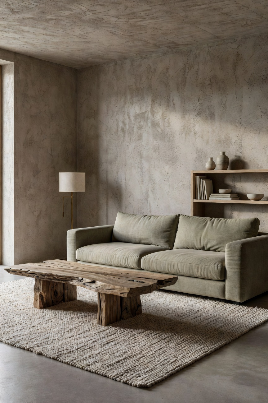 A modern living room designed with the New Nordic palette featuring textured grey walls, earth-toned furniture, and natural wood elements.