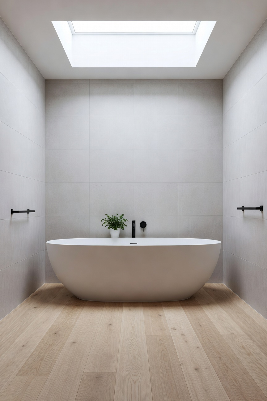 A bright Scandinavian bathroom renovation featuring a large skylight that floods a minimalist space with natural light.