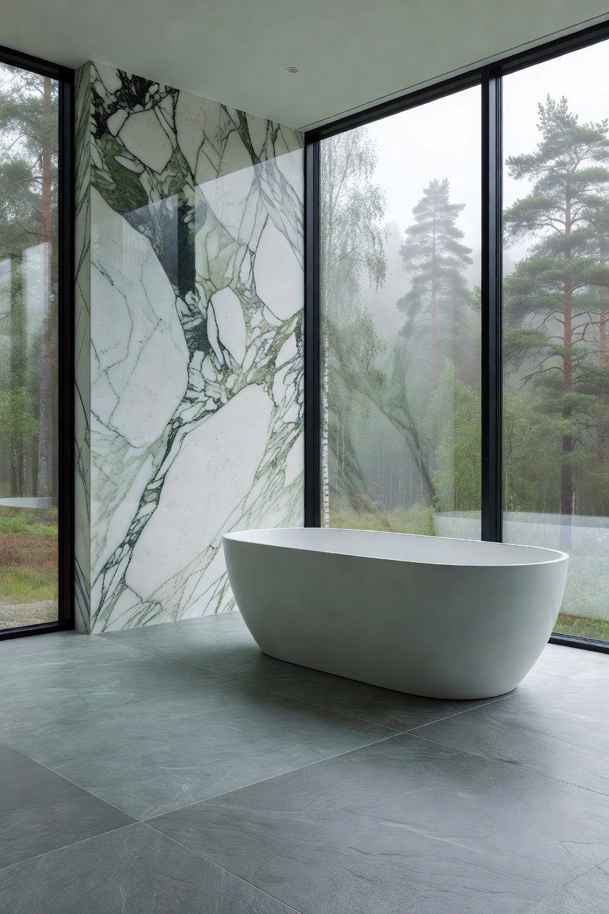 A modern bathroom design showcasing deep green Kolmården marble walls and silk-brushed Norwegian Oppdal slate flooring under soft natural light.