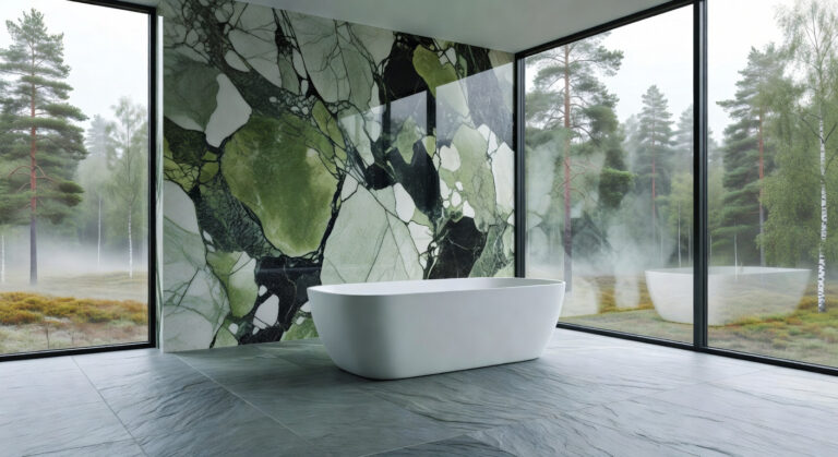 A modern bathroom design showcasing deep green Kolmården marble walls and silk-brushed Norwegian Oppdal slate flooring under soft natural light.