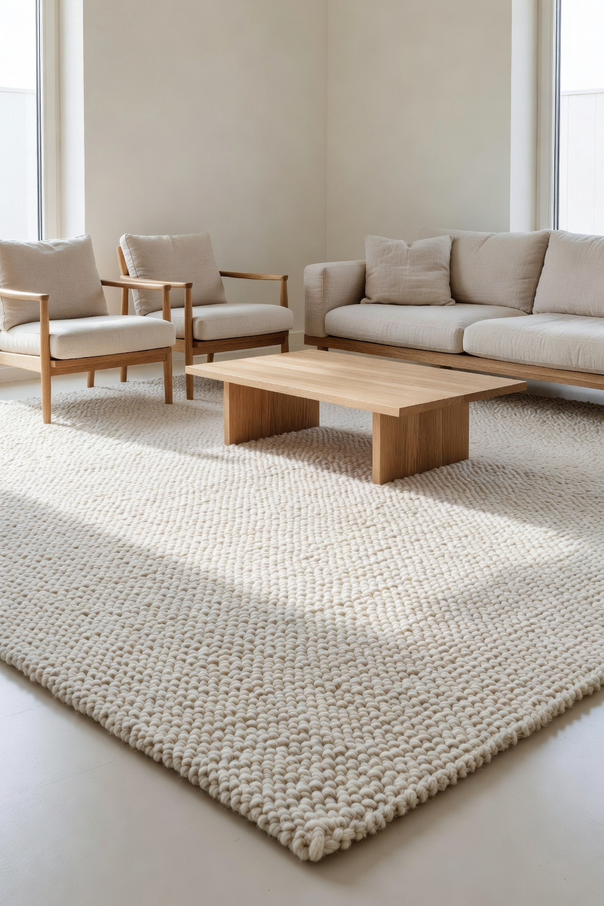 A spacious living room featuring a large, textured cream-colored natural wool rug anchoring a modern sofa and chairs under bright natural light.