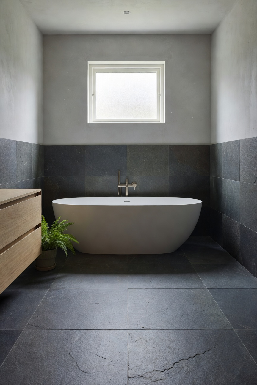 A modern Scandinavian bathroom with dark matte slate floors and a white freestanding tub illustrating a grounded interior design.
