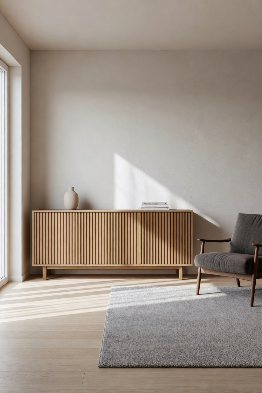 A sleek slatted wooden credenza in a minimalist Scandinavian living room with soft natural sunlight.
