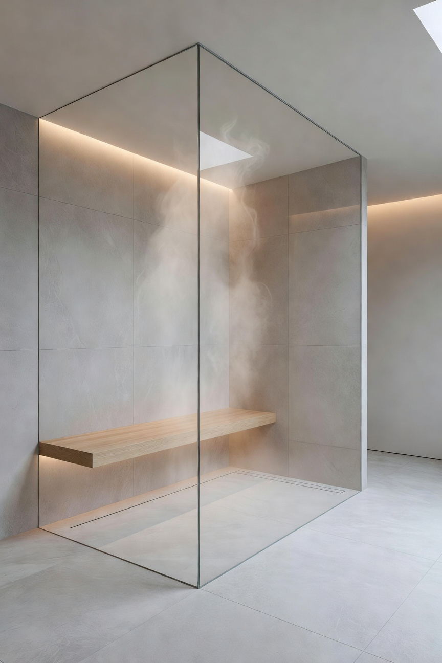 A minimalist modern steam shower with glass walls, porcelain tiles, and a wooden bench in a Scandinavian-inspired bathroom renovation.