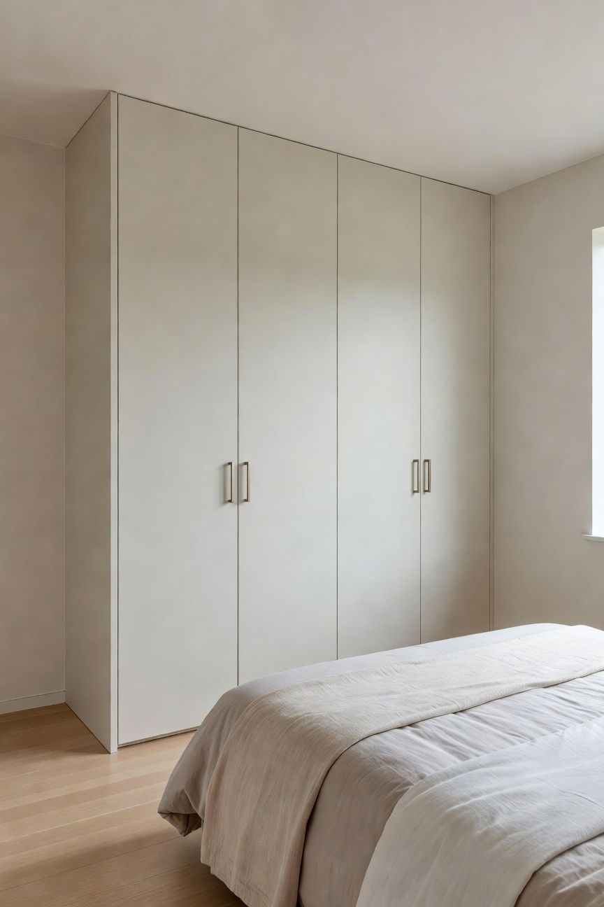 A small bedroom showing a seamless floor-to-ceiling white built-in wardrobe integrated into an architectural alcove for a clean look.