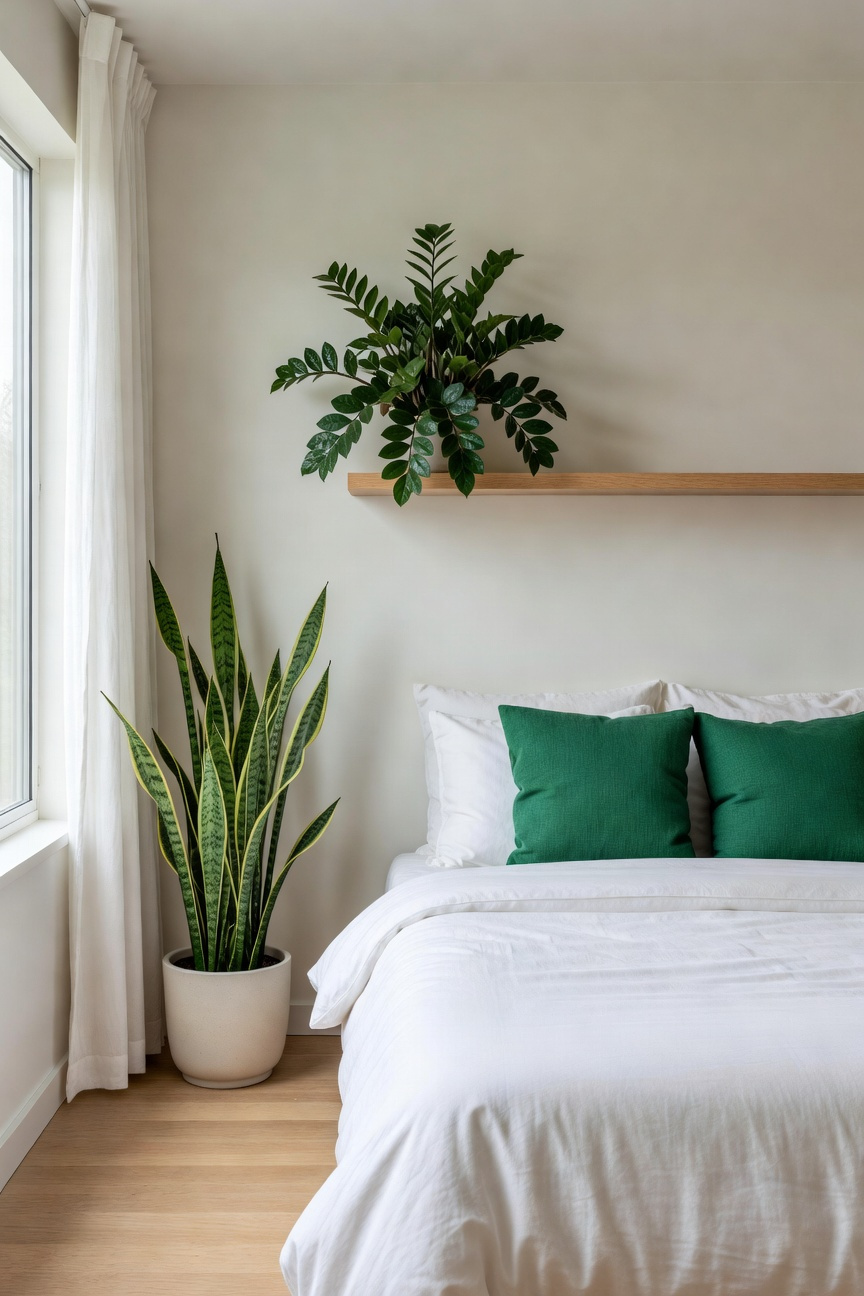 A small bedroom makeover featuring a Snake Plant and ZZ Plant integrated as functional design elements for air purification and sleep hygiene.