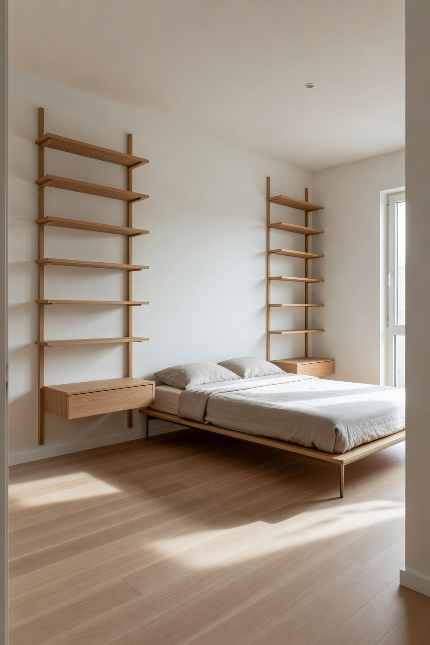 A bright small bedroom makeover featuring wall-hung wooden furniture and a floating nightstand to maximize visible floor space.
