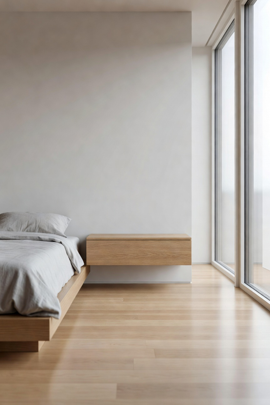 A small Scandinavian bedroom featuring a light wood floating nightstand and an uninterrupted floor perimeter to create a sense of space.