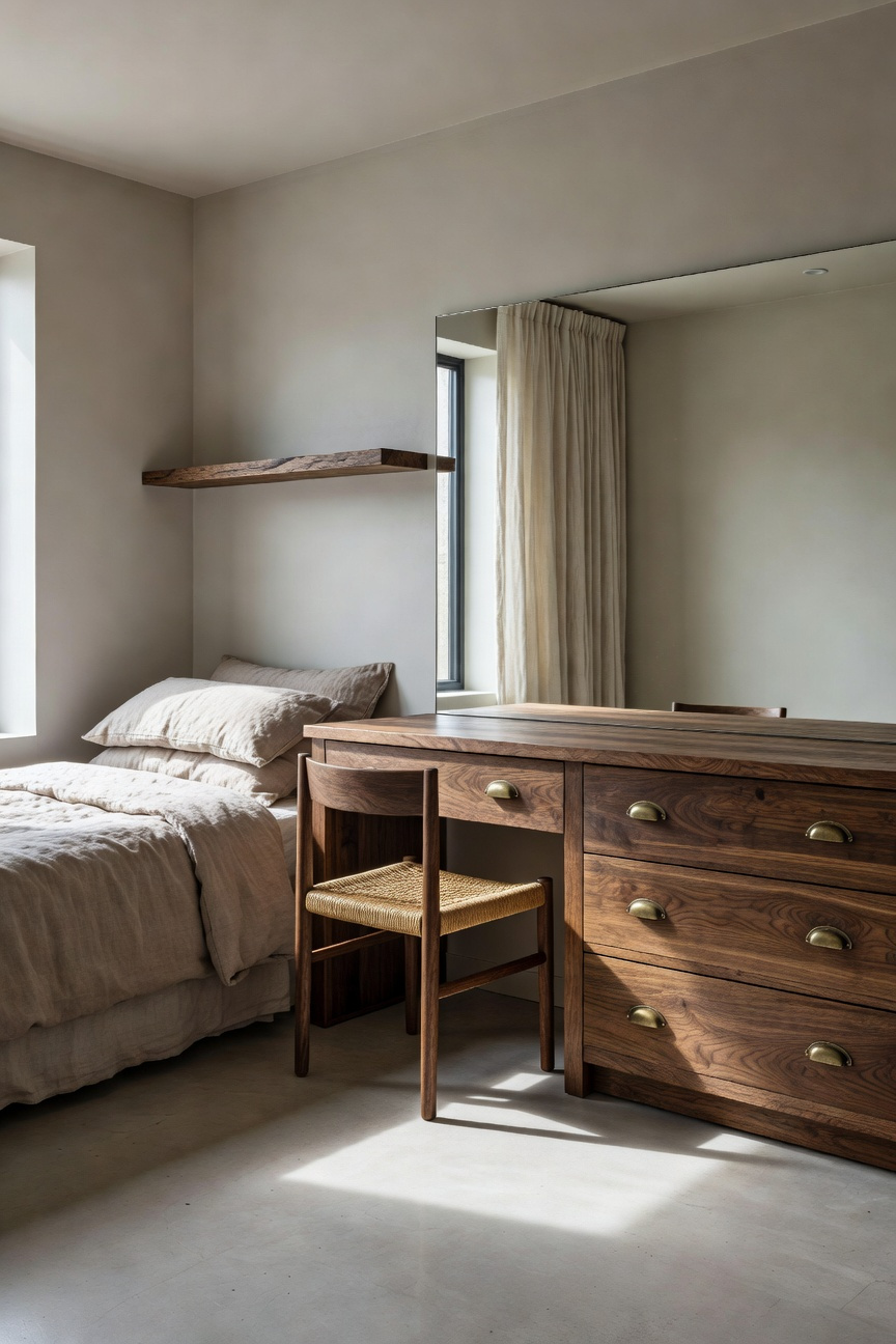 A compact bedroom featuring a solid walnut dresser that functions as a vanity with brass accents and natural light.
