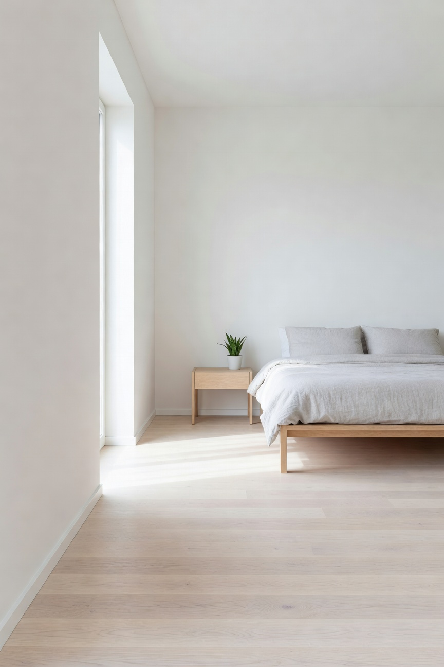 A bright and airy small bedroom featuring an intentionally empty corner and minimalist Scandinavian furniture to illustrate negative space.