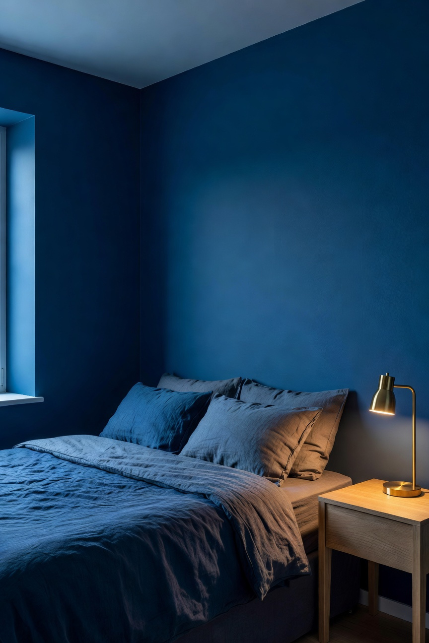 A small bedroom with saturated Nordic blue walls and minimalist furniture designed to demonstrate how dark colors expand a tight space.