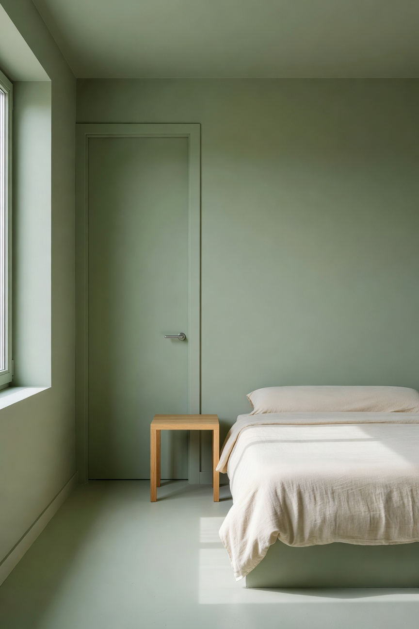 A small bedroom with walls, trim, and doors all painted in a matching muted sage green to create a seamless monochromatic look.