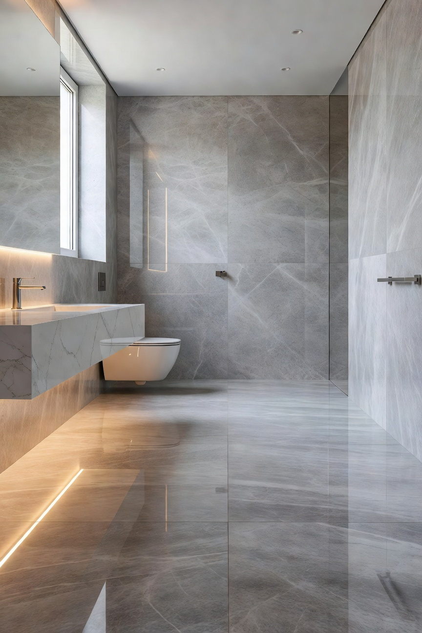 A modern bathroom design featuring a floating vanity and wall-mounted toilet over continuous marble floor tiles to create an airy feel.