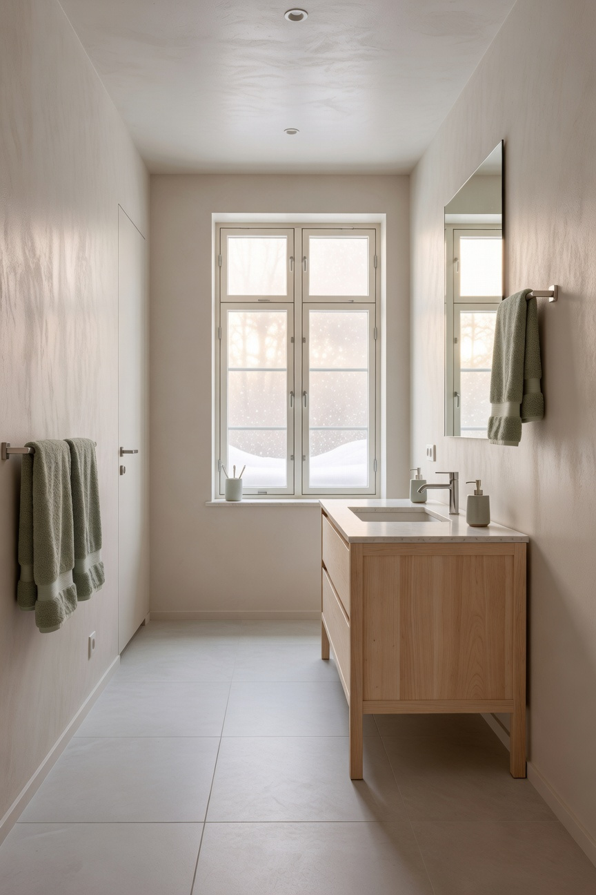 Modern bathroom with off-white walls, pale grey tiles, and muted sage accents reflecting soft natural light.